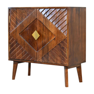 Side angle view of Vestige Display Cabinet Chevron Ridge Carved Single-Door Brass Diamond Chestnut