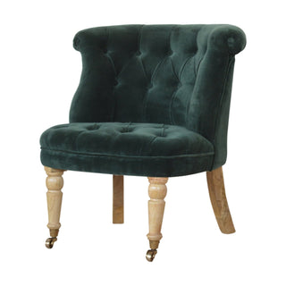 Angled view of Vivaldi Accent Chair Emerald Velvet Buttoned Tub Caster Oak Leg