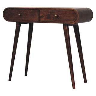 Side angle view of Volta Console Table with Drawers California Walnut Pill-Top Nordic Legs