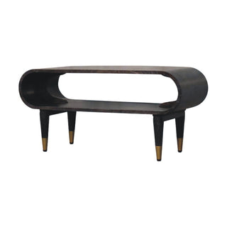 Side angle view of Volta Media Unit Velvet Mocha Mango Wood Continuous Curve Open Body with Brass-Tipped Tapered Legs