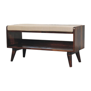 Angled view of Walden Shoe Bench Solid Mango Wood Mud Linen Seat Pad Open Shelf California Walnut Legs