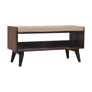 Front view of Walden Shoe Bench Solid Mango Wood Mud Linen Seat Pad Open Shelf California Walnut Legs