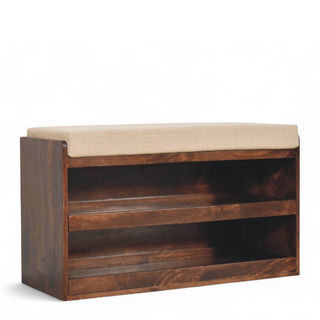 Angled view of Walnut and Mud Linen Pull-Out Shoe Storage Bench, showing the seat, legs and furniture silhouette