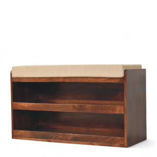 Side view of Walnut and Mud Linen Pull-Out Shoe Storage Bench, showing the seat, legs and furniture silhouette