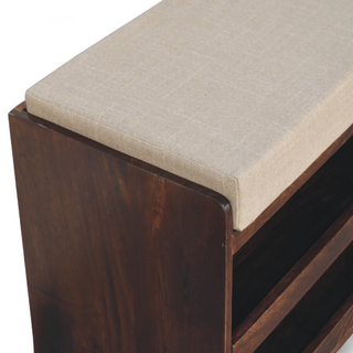 Back view of Walnut and Mud Linen Pull-Out Shoe Storage Bench, showing the seat, legs and furniture silhouette