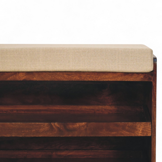Close-up of finish detail on Walnut and Mud Linen Pull-Out Shoe Storage Bench