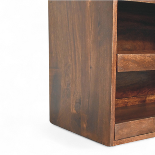 Leg detail view of Walnut and Mud Linen Pull-Out Shoe Storage Bench, showing the seat, legs and furniture silhouette