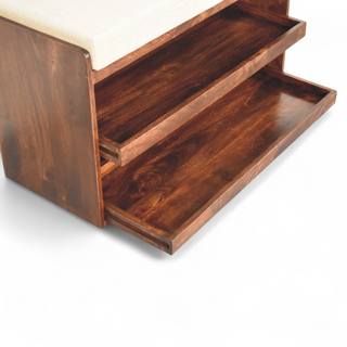 Seat detail view of Walnut and Mud Linen Pull-Out Shoe Storage Bench, showing the seat, legs and furniture silhouette
