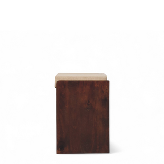 Rear angle view of Walnut and Mud Linen Pull-Out Shoe Storage Bench, showing the seat, legs and furniture silhouette
