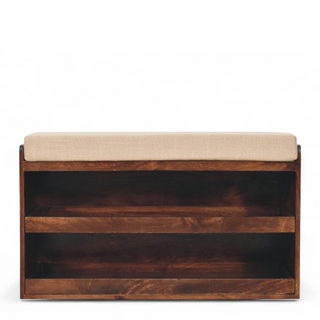 Front view of Walnut and Mud Linen Pull-Out Shoe Storage Bench, showing the seat, legs and furniture silhouette