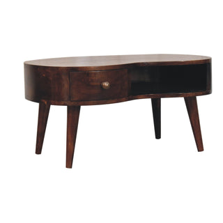 Side angle view of Wave Coffee Table Solid Mango Wood Kidney Shaped Drawer Open Slot Walnut