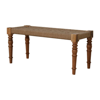 Angled view of Weave Hallway Bench Woven Jute Herringbone Seat Hand-Turned Carved Mango Wood Legs