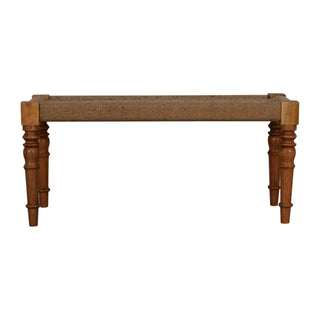 Front view of Weave Hallway Bench Woven Jute Herringbone Seat Hand-Turned Carved Mango Wood Legs