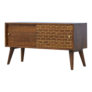 Side angle view of Weave Media Unit Chestnut Mango Wood Gold Herringbone Lacquered Sliding Door with Nordic Legs