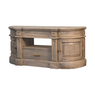Side angle view of Wick Media Unit Aged Pine Serpentine Curved Body Panel Moulding with Brass Knobs and Plinth Base