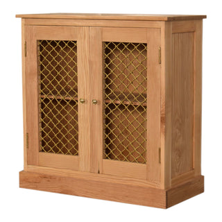 Side angle view of Wicker Display Cabinet Solid Oak Wire Mesh Twin-Door Plinth Base Natural Finish