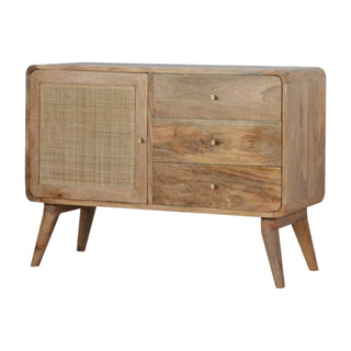 Side angle view of Woven Small Sideboard with Rattan Inlay Door and Drawers on Nordic Tapered Legs