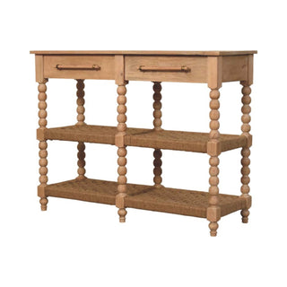 Side angle view of Wren Console Table with Storage Bobbin Legs Woven Jute Shelf