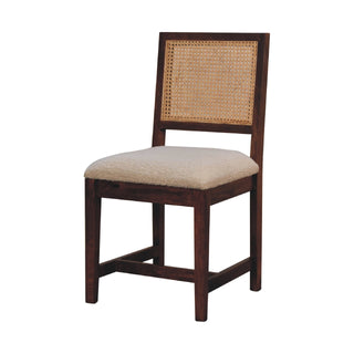 Wren Dining Chair – Cream Boucle Rattan Back – rear view showing rattan back and chestnut sled frame