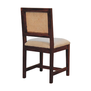 Wren Dining Chair – Cream Boucle Rattan Back – detail shot showing chestnut sled frame and craftsmanship