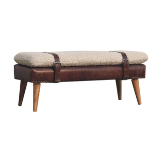 Angled view of Wren Entryway Bench Cream Bouclé and Deep Brown Leather Belted Strap Nordic Legs
