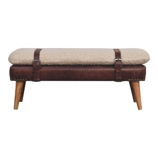 Front view of Wren Entryway Bench Cream Bouclé and Deep Brown Leather Belted Strap Nordic Legs