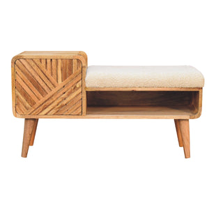 Front view of Wren Storage Bench Cream bouclé Seat Hand-Carved Diagonal Panel Side Drawer Oak Nordic Legs