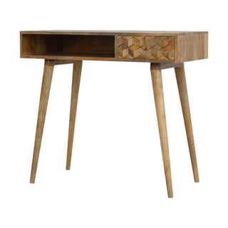 Side angle view of Wren Writing Desk Mango Wood Cube-Carved Drawer Bleached Oak with Open Slot