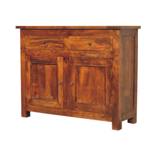 Side angle view of Wrenley Sideboard Cabinet with Two Drawers and Panelled Cupboards in Chestnut Finish