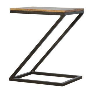 Side angle view of Zael Side Table Z-Frame Iron Base Mango Wood Oak Finish
