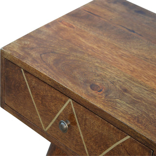 Side angle view of Zara Console Table with Drawers Brass Triangle Inlay Chestnut Wood