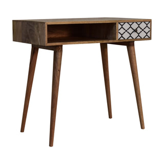 Side angle view of Zara Writing Desk Mango Wood Moroccan Lattice Print Drawer with Open Slot