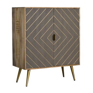 Side angle view of Zenith Drinks Cabinet Cement Grey Brass Diamond Inlay Bar Interior Metal Legs