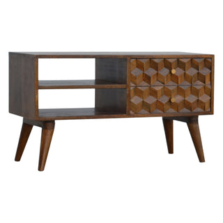 Side angle view of Zeno Media Unit Chestnut Finish Cube Carved Drawers Open Shelf