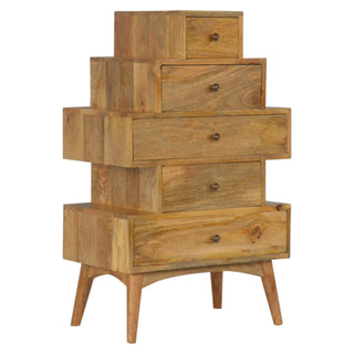 Side angle view of Zeno Tower Chest Cabinet Five-Drawer Stepped Pyramid Natural Oak Scandi