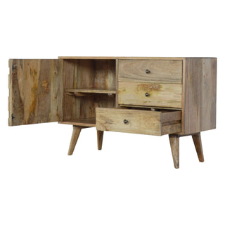 Side angle view of Zephyr Small Sideboard with Hand-Carved Diamond Door Panel and Tapered Legs