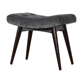 Angled view of Zola Bedroom Bench Slate Grey Velvet Curved Saddle Seat Dark Walnut Nordic Legs