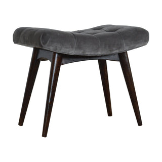 Front view of Zola Bedroom Bench Slate Grey Velvet Curved Saddle Seat Dark Walnut Nordic Legs